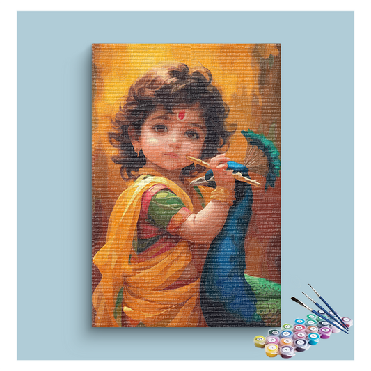Divine Childhood: Little Krishna with Flute and Peacock Paint by Numbers Kit