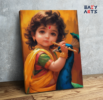Divine Childhood: Little Krishna with Flute and Peacock Paint by Numbers Kit