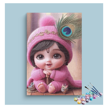 Adorable Krishna: Baby Krishna in Pink with Peacock Feather Paint by Numbers Kit