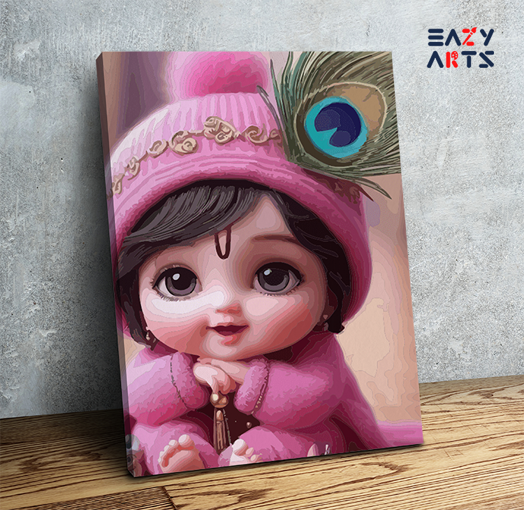 Adorable Krishna: Baby Krishna in Pink with Peacock Feather Paint by Numbers Kit