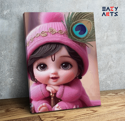 Adorable Krishna: Baby Krishna in Pink with Peacock Feather Paint by Numbers Kit