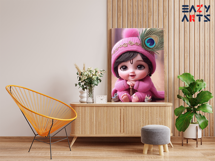 Adorable Krishna: Baby Krishna in Pink with Peacock Feather Paint by Numbers Kit
