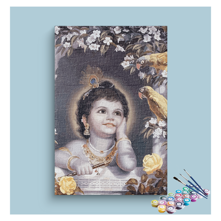 Innocent Wonder: Baby Krishna with Parrots Paint by Numbers Kit
