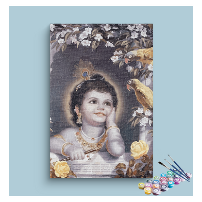 Innocent Wonder: Baby Krishna with Parrots Paint by Numbers Kit