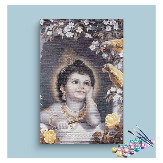 Innocent Wonder: Baby Krishna with Parrots Paint by Numbers Kit