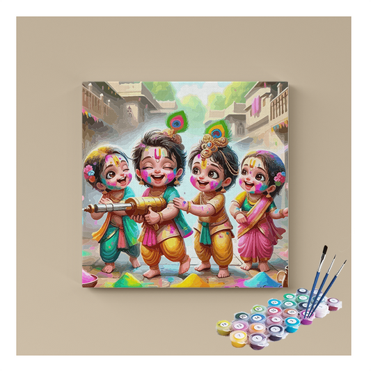 Playful Krishna and Friends Holi Celebration Paint by Numbers Kit