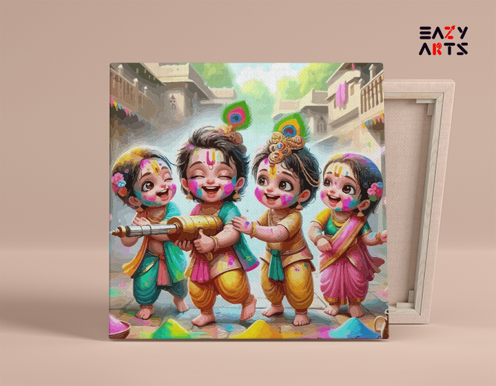 Playful Krishna and Friends Holi Celebration Paint by Numbers Kit