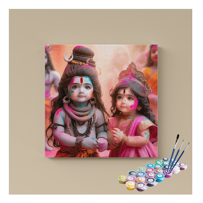 Divine Playfulness: Little Shiva and Parvati Holi Celebration Paint by Numbers Kit