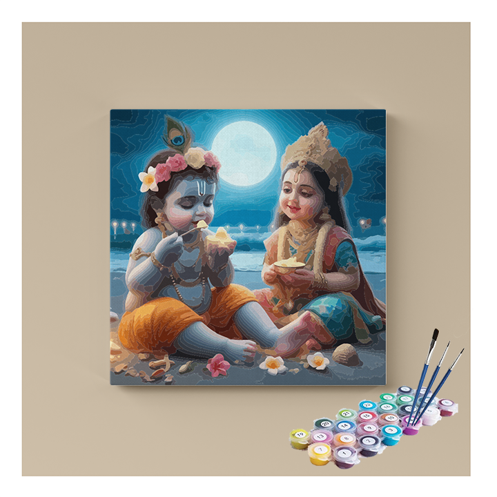 Moonlit Feast: Krishna and Radha's Sweet Delight Paint by Numbers Kit
