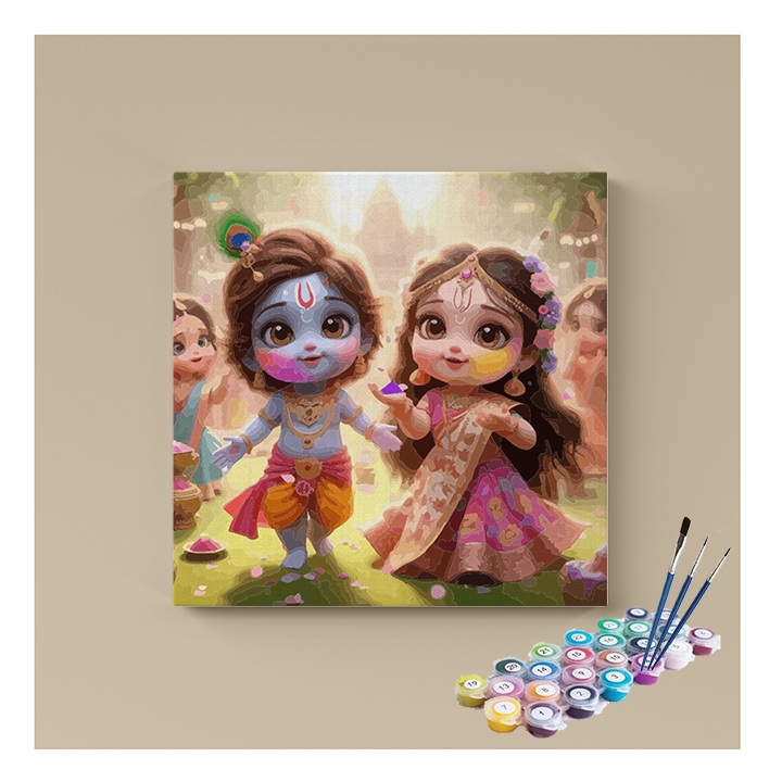 Playful Holi Celebration: Krishna and Radha in Their Childhood Paint by Numbers Kit
