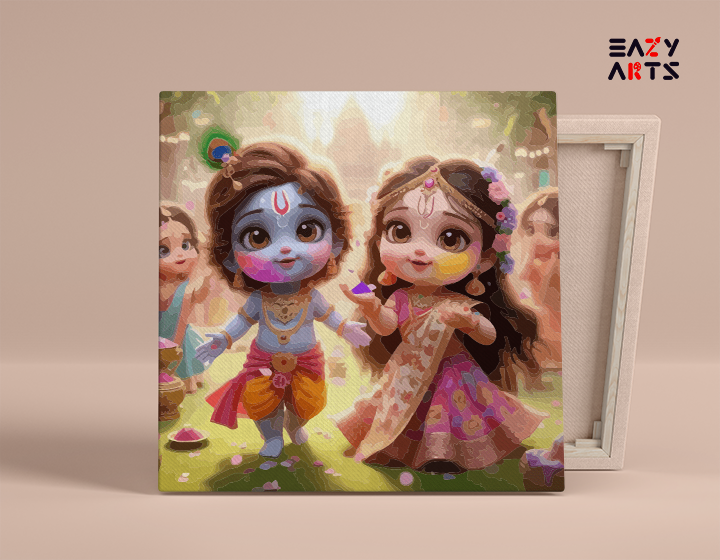 Playful Holi Celebration: Krishna and Radha in Their Childhood Paint by Numbers Kit