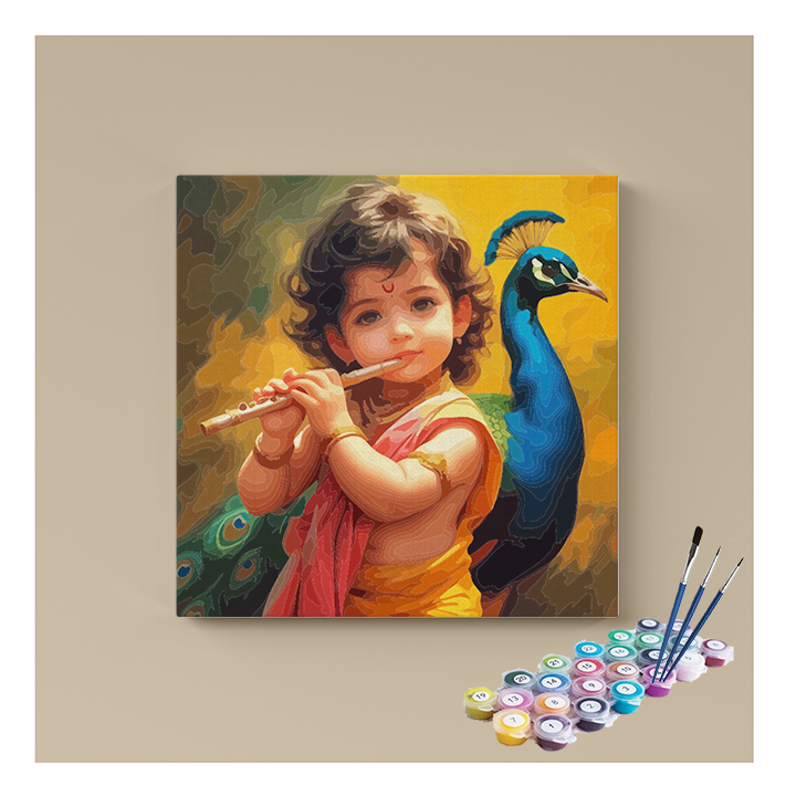 Divine Melody: Little Krishna with Peacock Paint by Numbers Kit