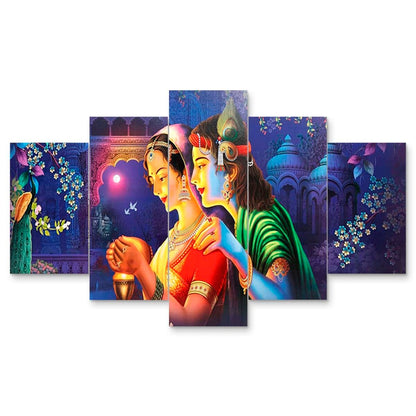 Radhe Krishna Set of Five 3D Framed Paintings for Wall Decoration – Ideal for Home, Living Room, and Bedroom (125 x 60 CM)