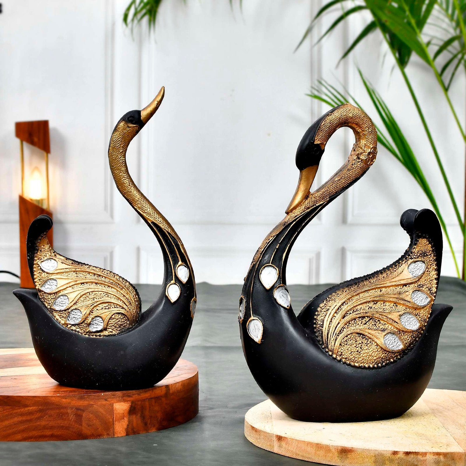 Swan Pair Feather Design Sculpture