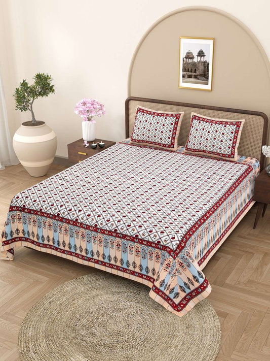 100% Pure Cotton Traditional Printed Bedsheet for Double Bed King Size Bedsheet with 2 Pillow Covers