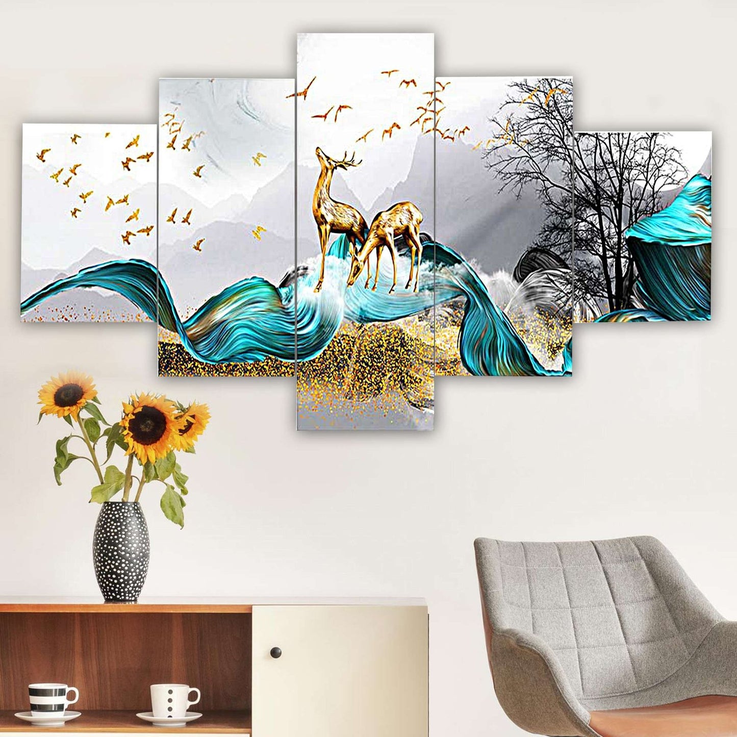 Nature Set of Five 3D Framed Paintings for Wall Decoration – Ideal for Home, Living Room, and Bedroom (75 x 43 CM)