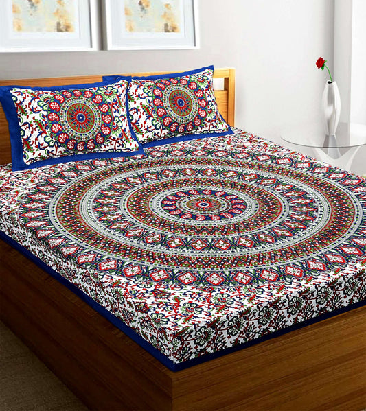100% Pure Cotton Traditional Printed Bedsheet for Double Bed King Size Bedsheet with 2 Pillow Covers