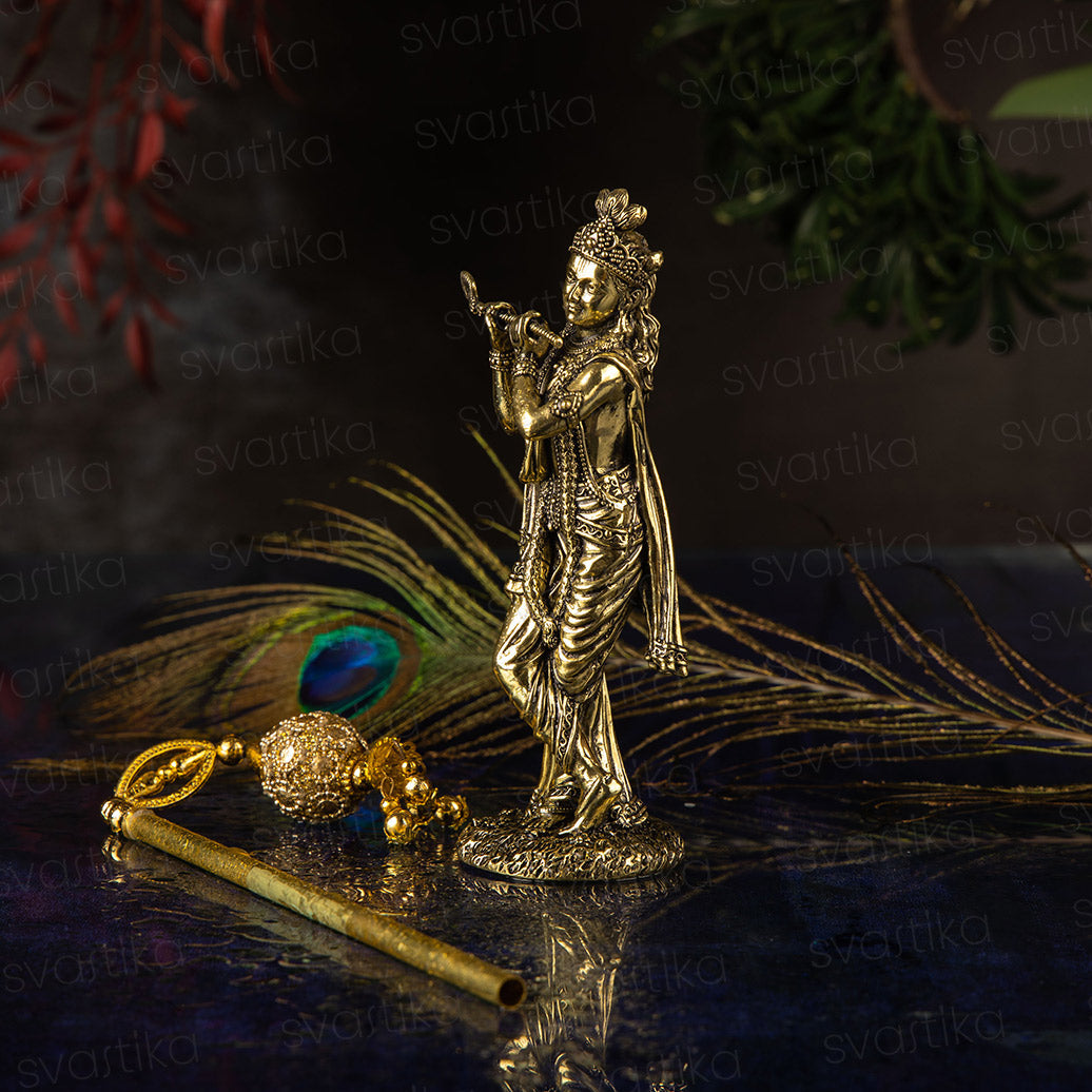 Svastika Brass Standing Krishna idol Playing Flute (6 Inch)