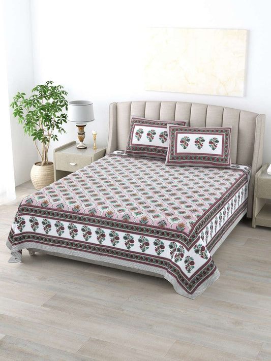 100% Pure Cotton Traditional Printed Bedsheet for Double Bed King Size Bedsheet with 2 Pillow Covers