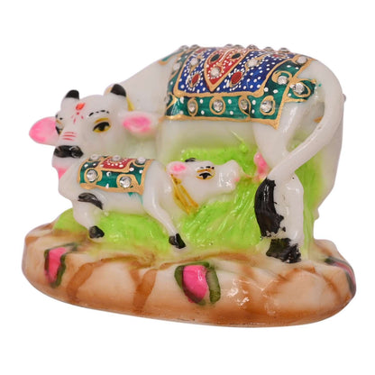 White Marble Kamdhenu Cow and Calf Statue (8.5 cm x 12 cm)