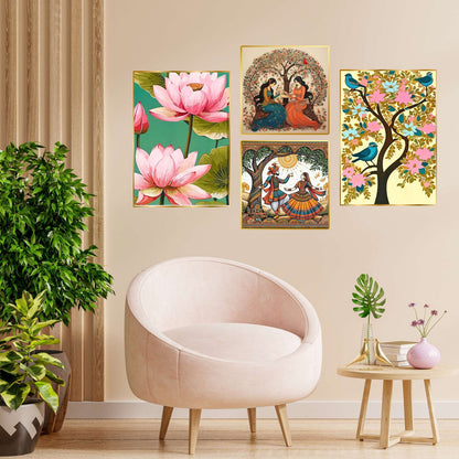 Set of Four Wall Paintings for Wall Dacoration Golden Framed Wall Paintings for Living Room & Bedroom Wall Art for Home Decoration & Office Wall Décor (13×10 inch CH-GD4-11)
