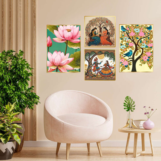 Set of Four Wall Paintings for Wall Dacoration Golden Framed Wall Paintings for Living Room & Bedroom Wall Art for Home Decoration & Office Wall Décor (13×10 inch CH-GD4-11)