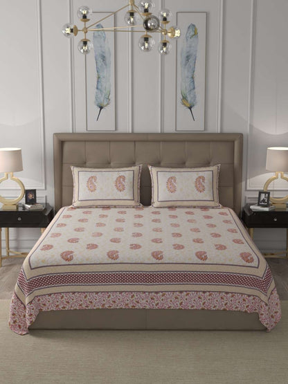 100% Pure Cotton Traditional Printed Bedsheet for Double Bed King Size Bedsheet with 2 Pillow Covers