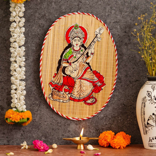 Oval Shaped Design Bamboo Hand Crafted Wall Hangings Of Godess Sarwasti Ji For Home D’cor