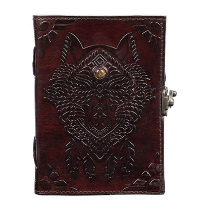 CraftShades- Handmade Leather Diary Embossed with star, journey & double wolf Diary with Antique Lock for Artist Sketchbook, Scrapbook, Drawing, Writing etc .Size 5 * 7 inch (WOLF WITH STONE)