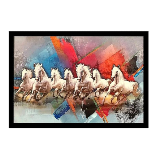 Lifehaxtore Wood Abstract Seven Lucky Running Vastu Horses Art Framed Painting