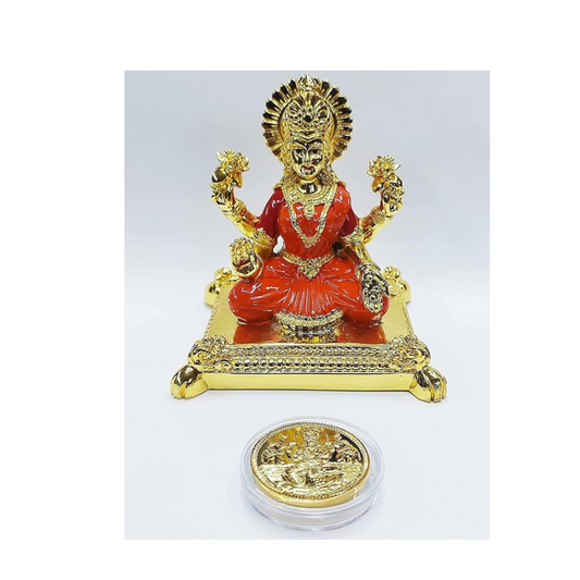 Gold Art India Pata Laxmi Gold Plated Idol for Mandir Orange Enamel Color Work with Gold Plated Coin