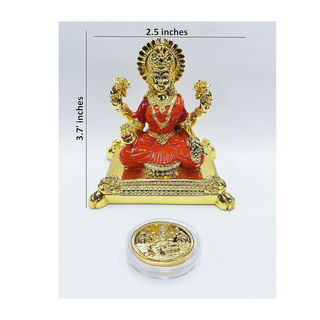 Gold Art India Pata Laxmi Gold Plated Idol for Mandir Orange Enamel Color Work with Gold Plated Coin