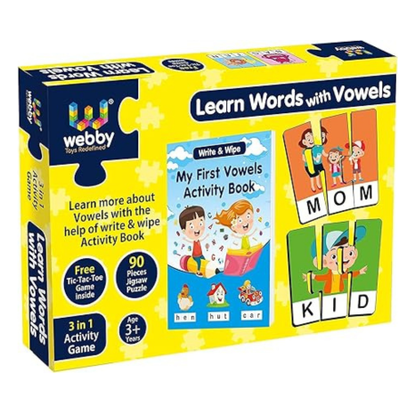 Webby Kids Paper Learn Words with Vowels Jigsaw Puzzle with Activity Book, 90 Pcs Multicolor
