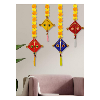 JH Gallery Handmade Artificial Marigold Fluffy Flowers Colorful Woolen Kite Hangings Pack of 4