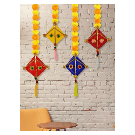 JH Gallery Handmade Artificial Marigold Fluffy Flowers Colorful Woolen Kite Hangings Pack of 4