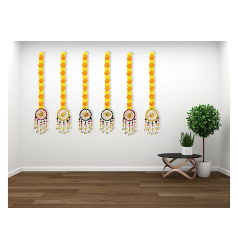 JH Gallery Handmade Artificial Marigold Fluffy Flowers with Ring Bell Hanging Latkan Toran for Home Pack of 6