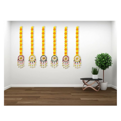JH Gallery Handmade Artificial Marigold Fluffy Flowers with Ring Bell Hanging Latkan Toran for Home Pack of 6