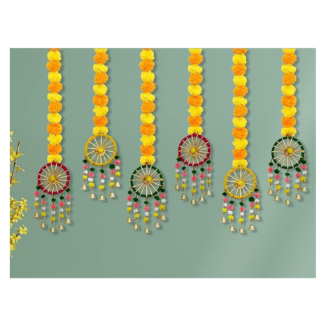 JH Gallery Handmade Artificial Marigold Fluffy Flowers with Ring Bell Hanging Latkan Toran for Home Pack of 6