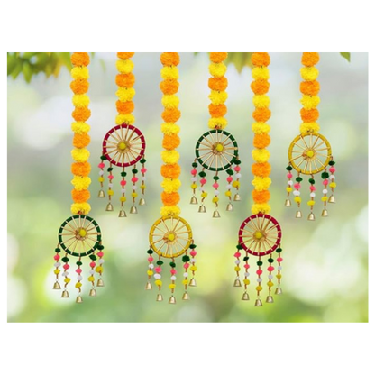 JH Gallery Handmade Artificial Marigold Fluffy Flowers with Ring Bell Hanging Latkan Toran for Home Pack of 6