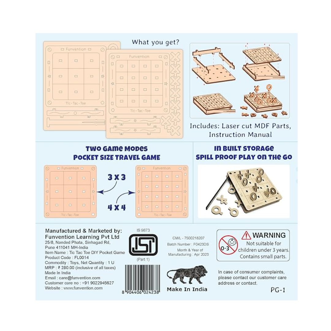 Funvention DIY Tic-Tac-Toe Pocket Travel Game for Kids 4+ Ys