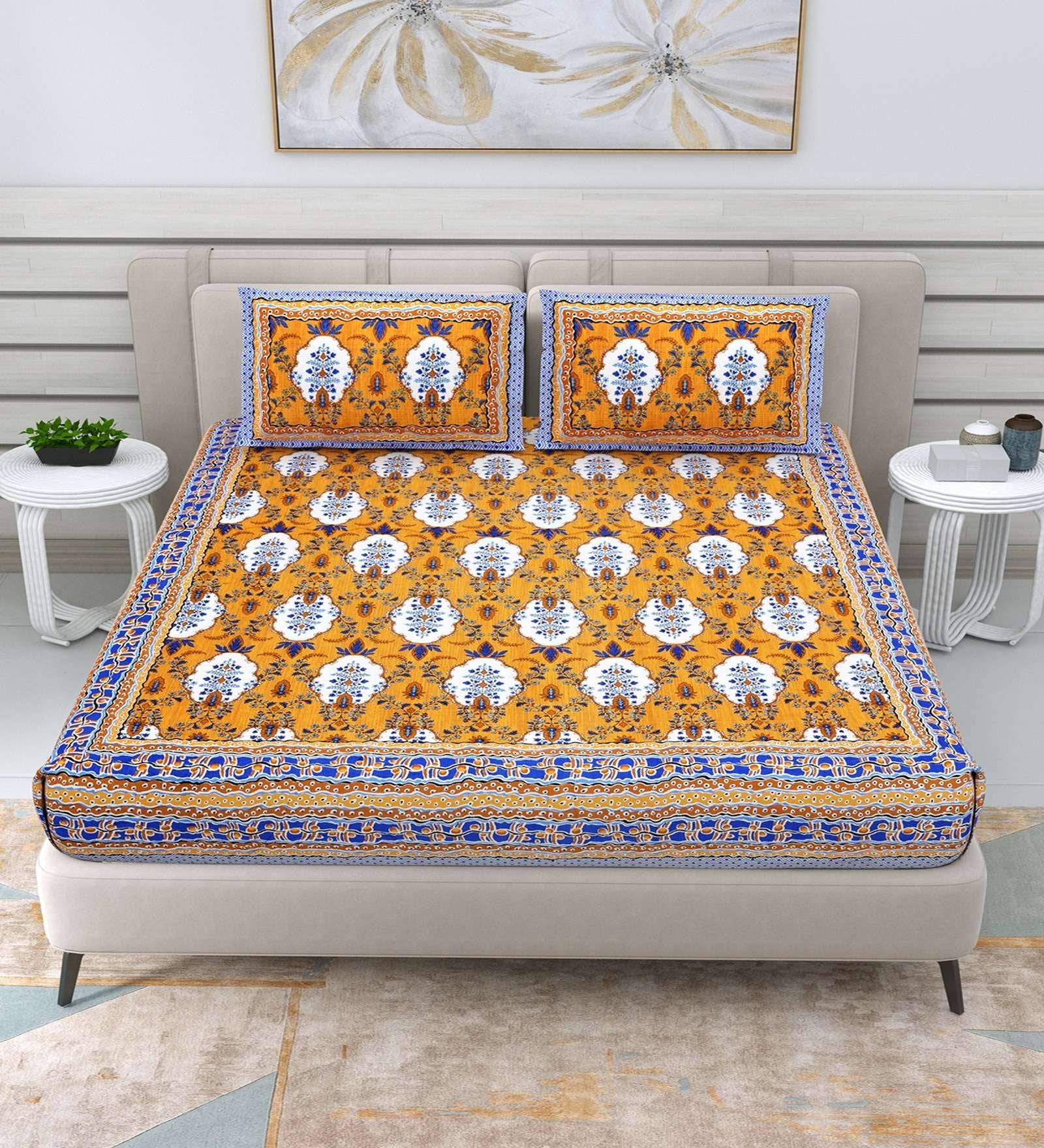 100% Pure Cotton Traditional Printed Bedsheet for Double Bed King Size Bedsheet with 2 Pillow Covers
