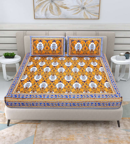 100% Pure Cotton Traditional Printed Bedsheet for Double Bed King Size Bedsheet with 2 Pillow Covers