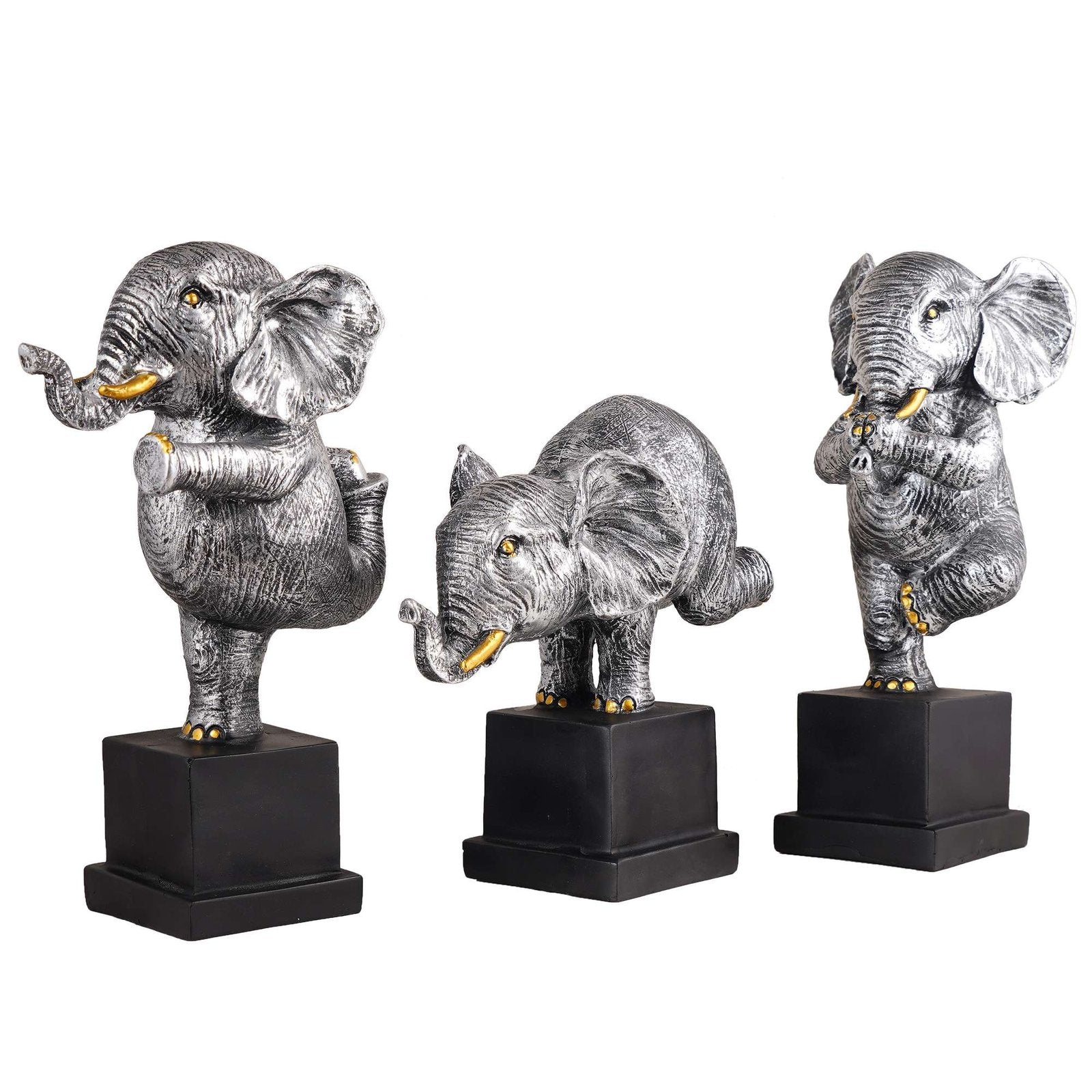 Polyresin Elephant Showpiece Statue and Artifacts for Home Decor, Living Room, Table Decoration for Gifting, Interiors and Diwali Decoration Silver (Set Of 3)