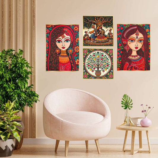Set of Four Wall Paintings for Wall Dacoration Golden Framed Wall Paintings for Living Room & Bedroom Wall Art for Home Decoration & Office Wall Décor (13×10 inch CH-GD4-12)