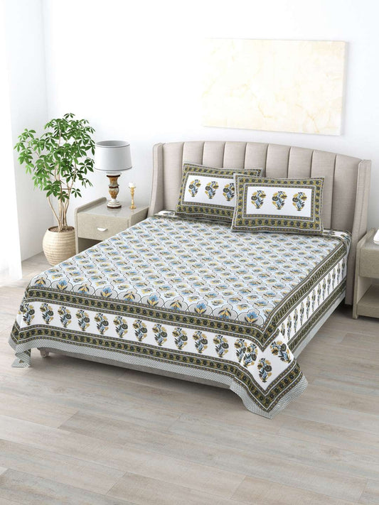 100% Pure Cotton Traditional Printed Bedsheet for Double Bed King Size Bedsheet with 2 Pillow Covers