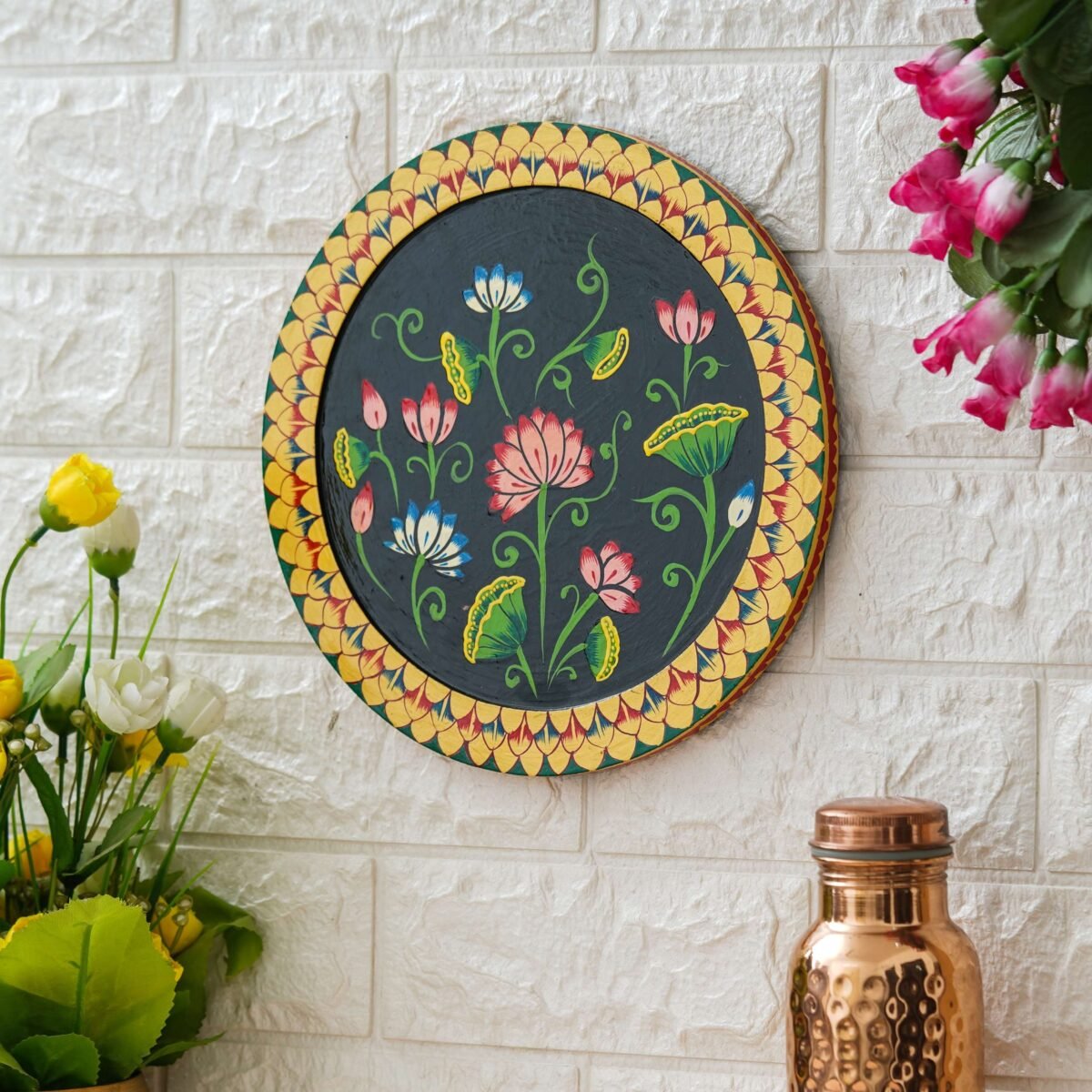 Vibrant Floral Pichwai Painting on Black Background
