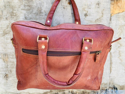 Craftshades – 15″ Double Strip Handcrafted Briefcase Goat Leather Bag (Brown) | 100% Genuine Leather