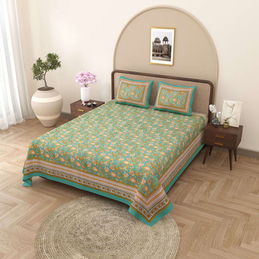 100% Pure Cotton Traditional Printed Bedsheet for Double Bed King Size Bedsheet with 2 Pillow Covers