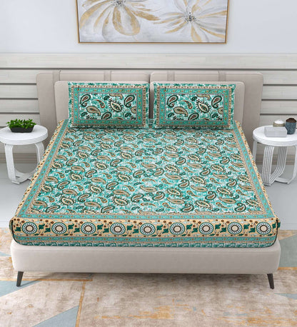 100% Pure Cotton Traditional Printed Bedsheet for Double Bed King Size Bedsheet with 2 Pillow Covers