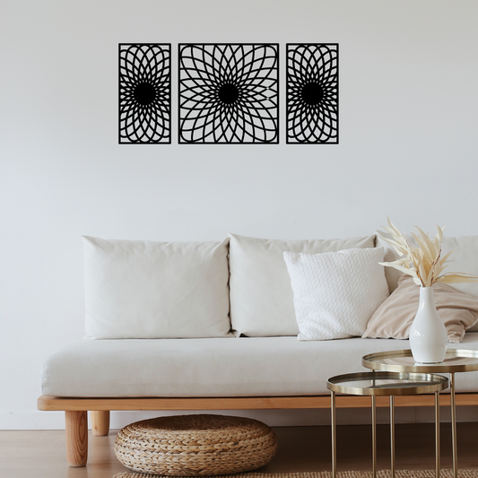 Black Geometric Lotus Wall Panels Set of 3 Contemporary Mandala-Inspired Art Frames